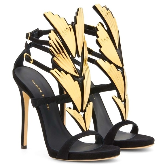Giuseppe Zanotti Shoes - Giuseppe Zannoti Black Suede Leather Gold Wings Cruel 2.0 High Heel Sandals EU41